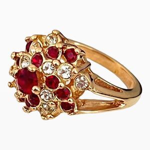 Vintage Ring Size 8 Red & Clear Crystals 18K Gold Plate Mid-Century 14V